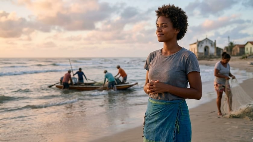 Mulher de cabelo curto em pé na praia, com pescadores em um barco ao fundo.