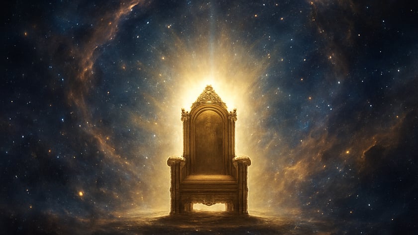 Trono dourado ornamentado, vazio, brilhando no meio do espaço estrelado com nebulosa ao redor.