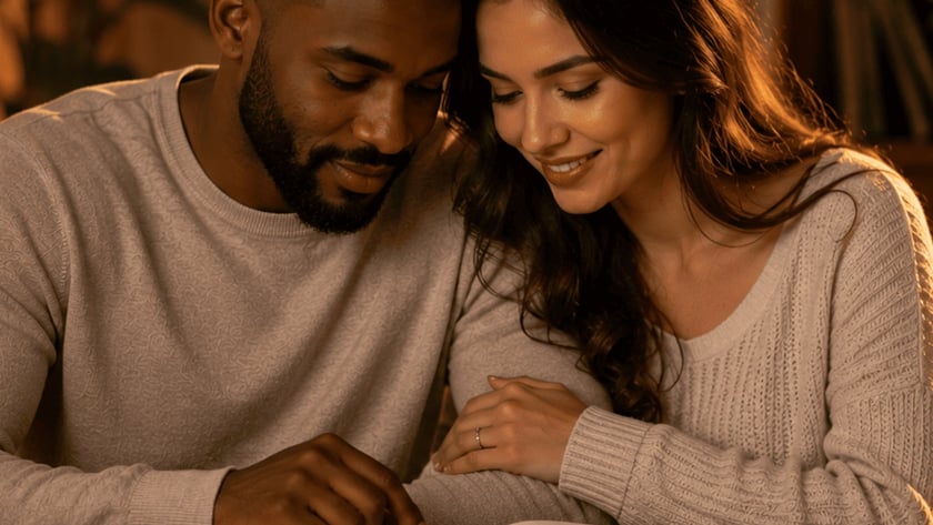 Casal sentado à mesa lê uma Bíblia aberta, com uma vela acesa ao lado.
