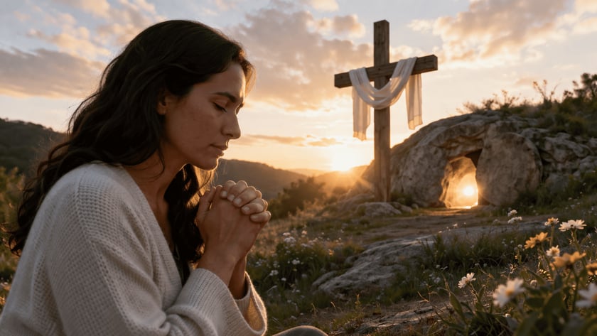 Mulher de cabelos escuros e suéter claro com as mãos unidas, ao lado de uma cruz de madeira.