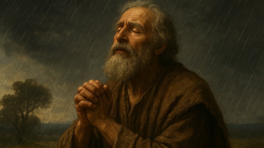Homem idoso de barba grisalha ajoelhado com as mãos postas sob a chuva em um campo. "ChatGPT"
