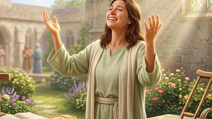 Mulher de túnica verde ergue as mãos em um jardim de igreja, perto de pão, Bíblia e muleta.