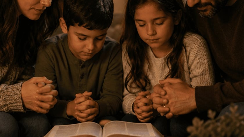 Mulher e duas crianças de mãos postas, de olhos fechados, diante de uma Bíblia aberta na sala.
