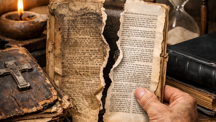 Mão segura página rasgada de livro antigo, perto de vela, ampulheta e livros.