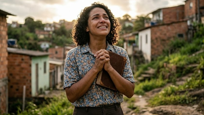 Mulher de cabelo cacheado segura um livro marrom, de mãos unidas