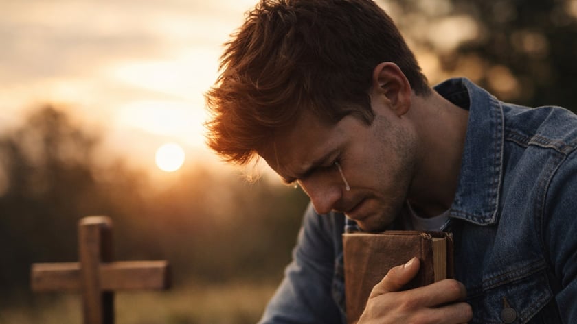 Homem de jaqueta jeans ajoelhado abraça um livro junto ao peito, perto de uma cruz de madeira.