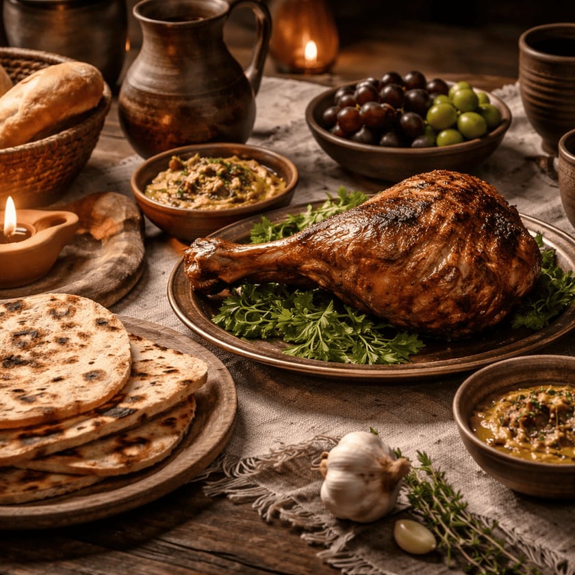 Mesa rústica com pães, coxa assada, pasta, uvas, azeitonas e lamparinas acesas.