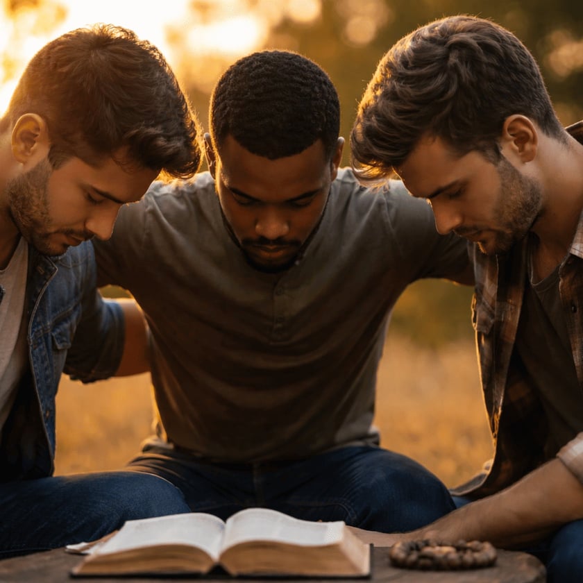 Três homens de cabeça baixa, abraçados, rezam ao ar livre diante de uma Bíblia aberta.