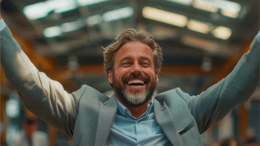 Homem barbudo de blazer cinza e camisa azul sorri com os braços erguidos em um galpão.