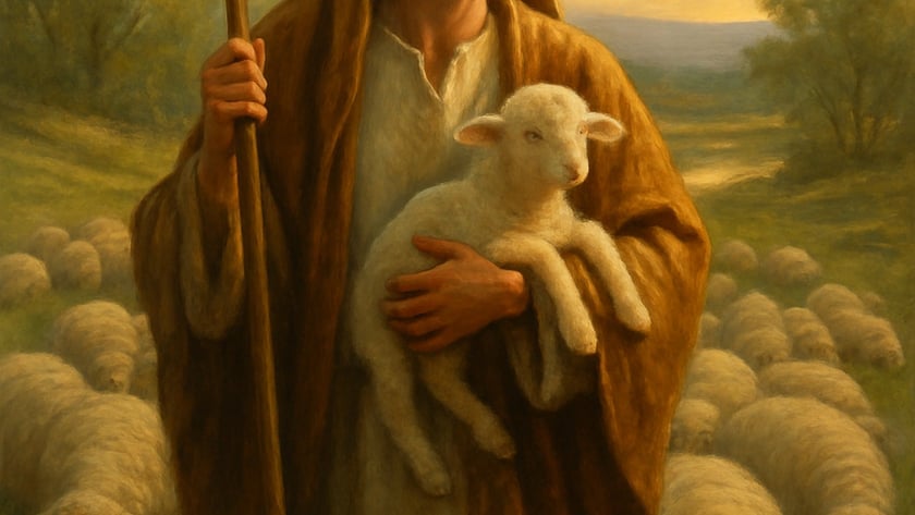 Pastor de barba e manto marrom segura um cordeiro e um cajado entre ovelhas.