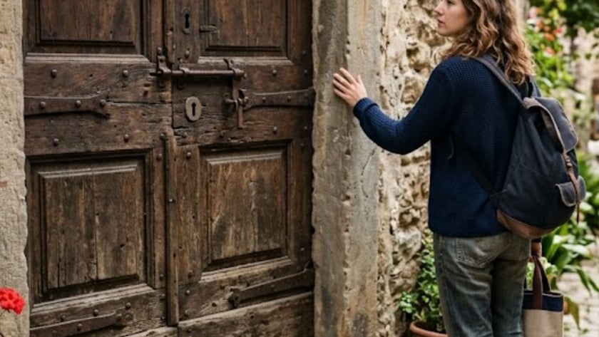 Mulher de mochila toca a parede de pedra ao lado de uma porta de madeira