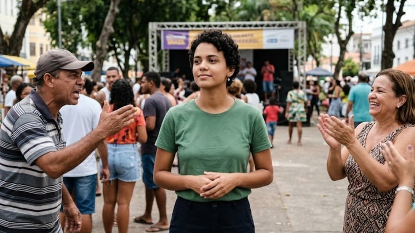 Jovem de camiseta verde observa evento ao ar livre enquanto mulher sorridente aplaude ao lado.