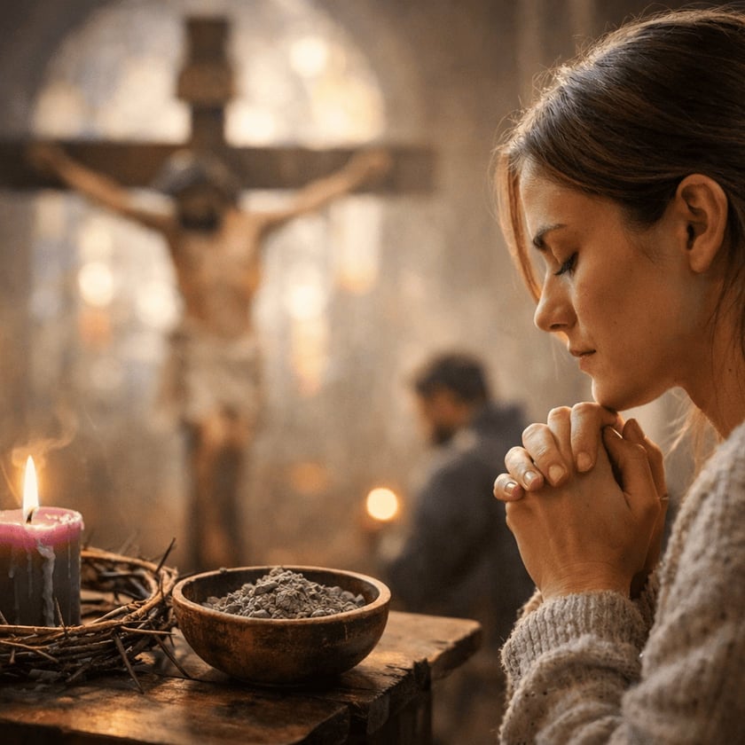 Mulher de olhos fechados e mãos juntas reza diante de um crucifixo