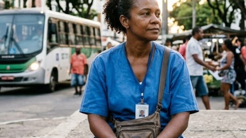 Mulher de uniforme azul hospitalar sentada na calçada de uma rua movimentada