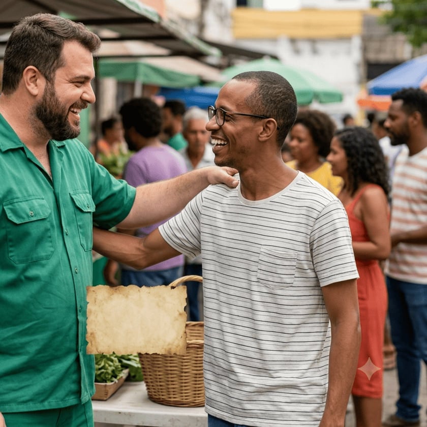 Dois homens sorriem e se cumprimentam em uma feira de rua movimentada, com barracas ao fundo.