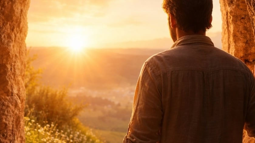Homem de costas, dentro de uma caverna de pedra, olha o sol nascendo sobre vales.