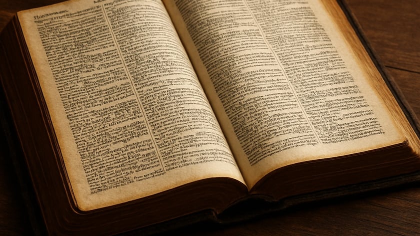 Livro antigo aberto sobre uma mesa de madeira escura, com páginas de texto em duas colunas.