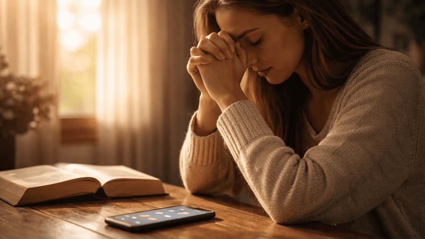 Mulher de suéter claro, de olhos fechados e mãos juntas, ao lado de uma Bíblia e um celular.