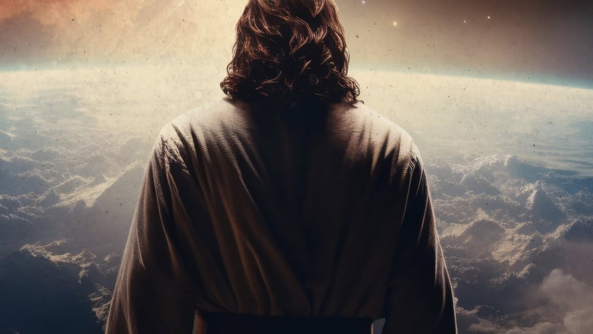 Homem de costas, cabelo ondulado e túnica, olha a Terra e um planeta no espaço.