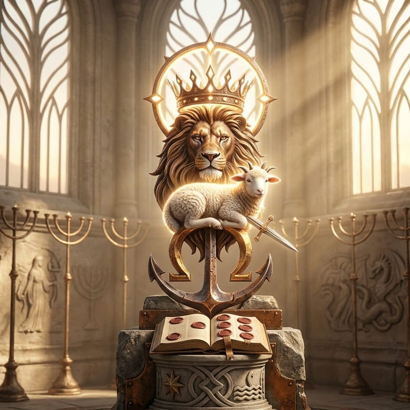 Leão coroado com um cordeiro deitado sobre uma âncora e um ômega, diante de candelabros.