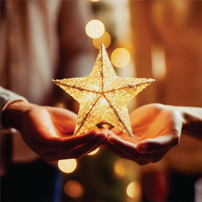 Duas mãos abertas seguram uma estrela dourada brilhante diante de luzes desfocadas.