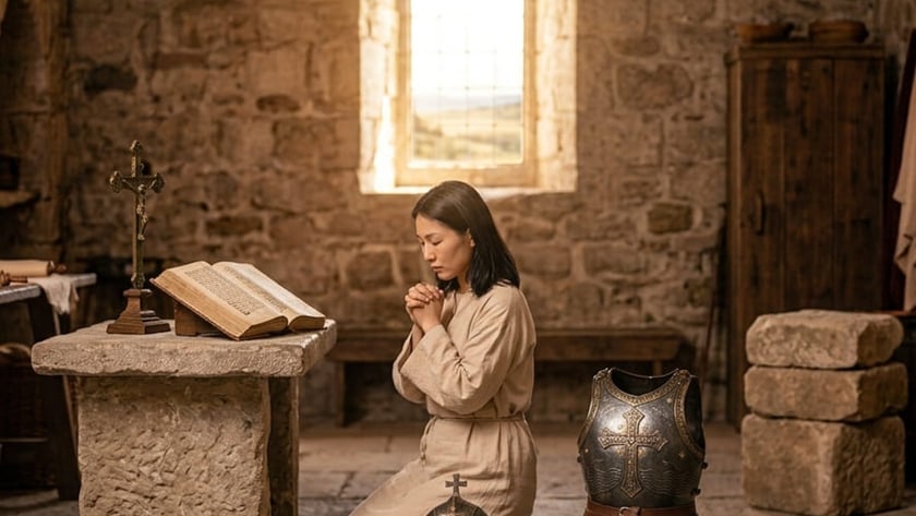 Mulher de túnica ajoelhada reza diante de um altar de pedra, ao lado de armadura medieval.