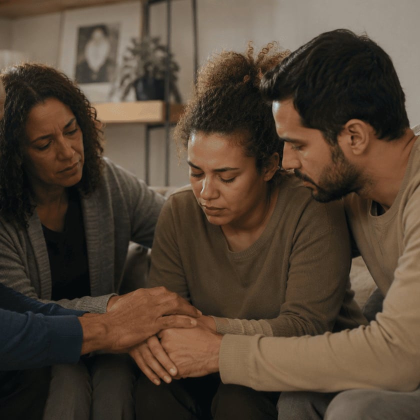 Mulher de cabeça baixa sentada entre duas pessoas que seguram suas mãos, em uma sala.