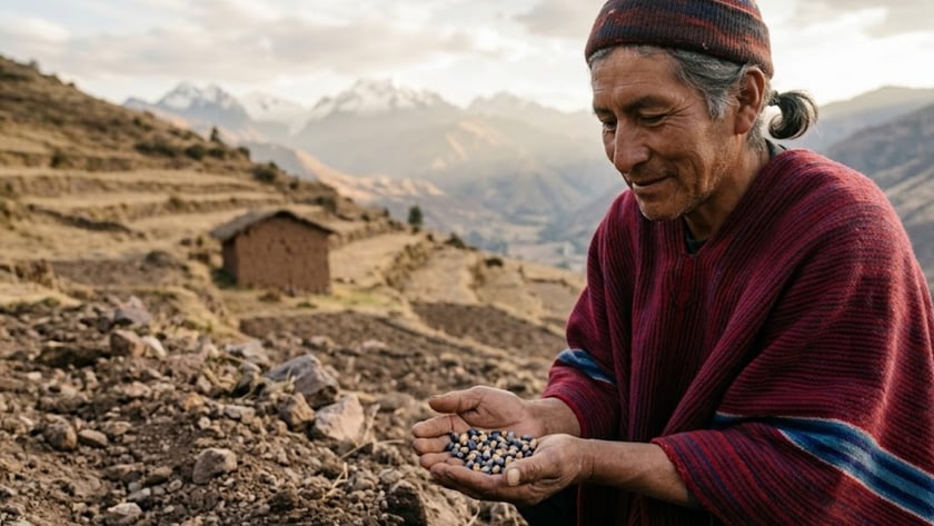 Homem de gorro e poncho vermelho segura sementes nas mãos, em terreno de montanha.