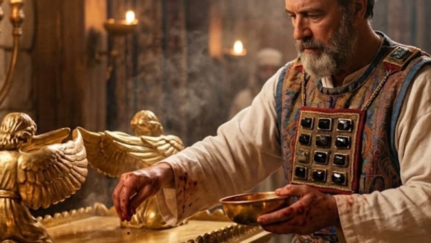 Sacerdote barbado com peitoral de pedras espalha sangue sobre a arca dourada com querubins.
