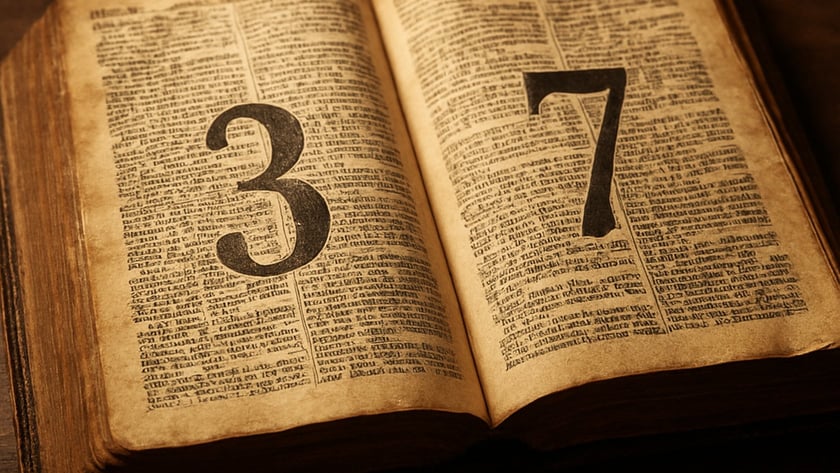 Livro antigo aberto sobre mesa de madeira, com os números "3" e "7" nas páginas.