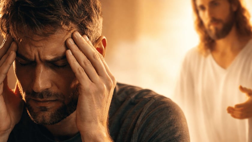 Homem de barba com a mão na testa e, ao fundo, figura de túnica branca estendendo a mão.