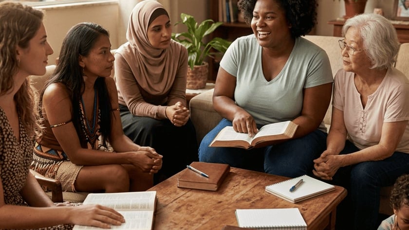 Cinco mulheres e uma criança conversam numa sala, com Bíblias abertas e cadernos sobre a mesa.