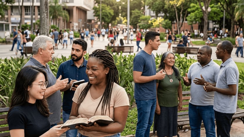 Grupo diverso conversa em uma praça arborizada; uma mulher sorridente segura uma Bíblia aberta.