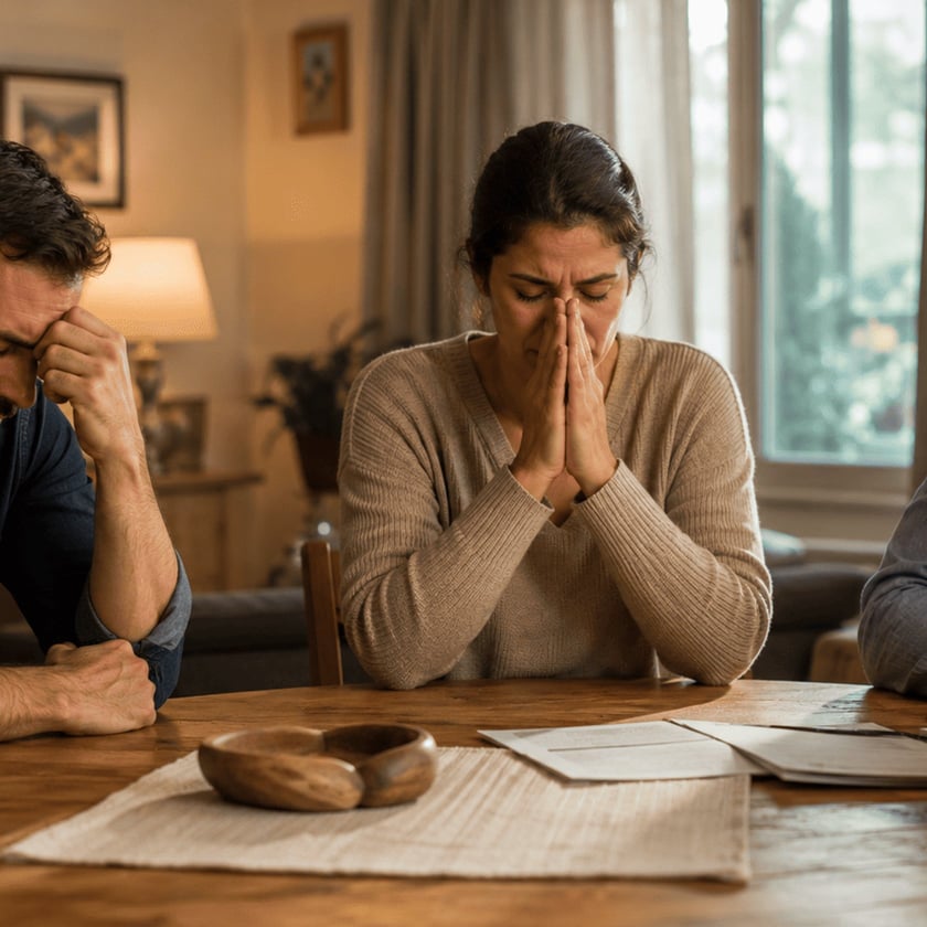 Mulher de mãos juntas diante do rosto, ao lado de um homem curvado, à mesa com papéis.