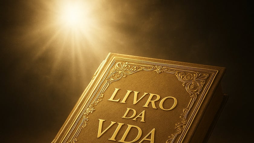Livro de capa dourada ornamentada sobre superfície escura, com o título "Livro da Vida".