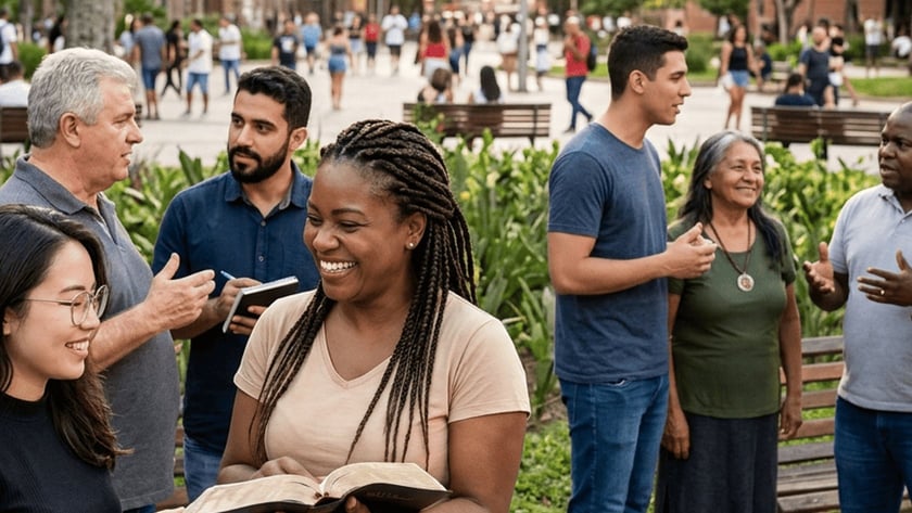 Grupo diverso conversa em uma praça arborizada; uma mulher sorridente segura uma Bíblia aberta.