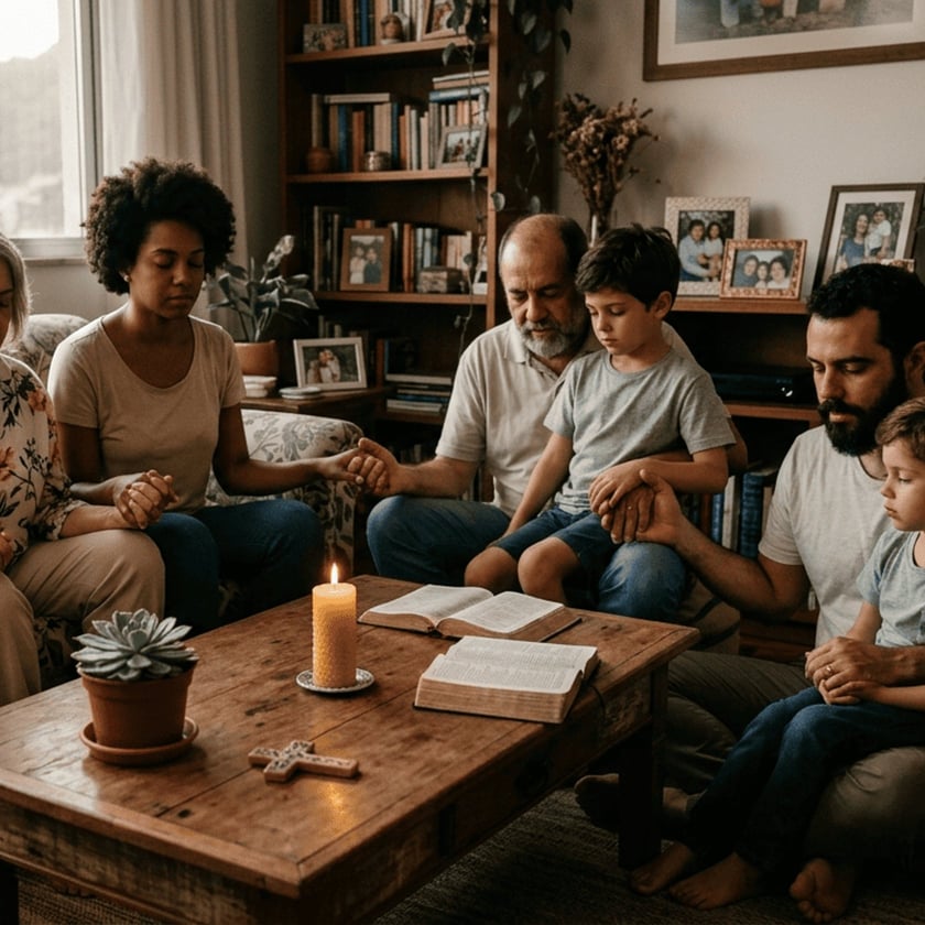 Família de mãos dadas e olhos fechados reza na sala, ao redor de mesa com Bíblias e vela.