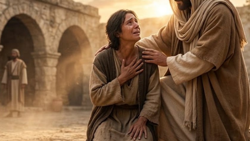 Homem de manto e capuz consola mulher ajoelhada e chorando, diante de ruínas de pedra.