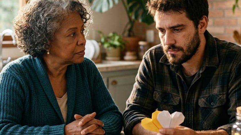 Mulher idosa e homem barbudo conversam à mesa da cozinha, com Bíblia aberta e corações de papel.