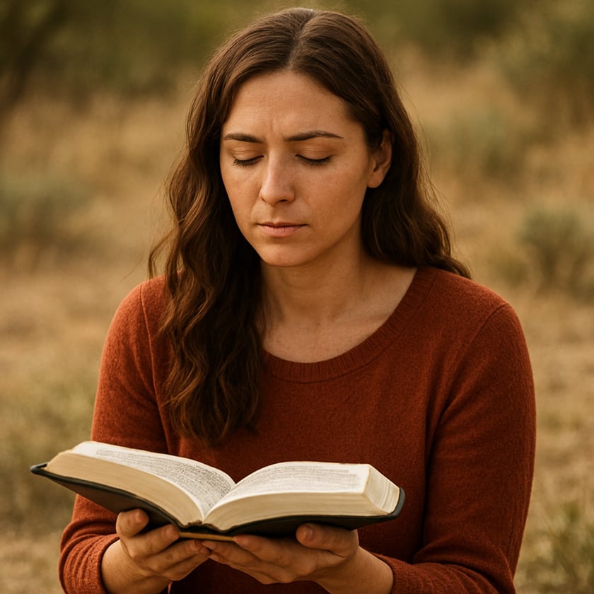 Mulher de cabelo castanho e suéter vermelho segura um livro aberto ao ar livre.