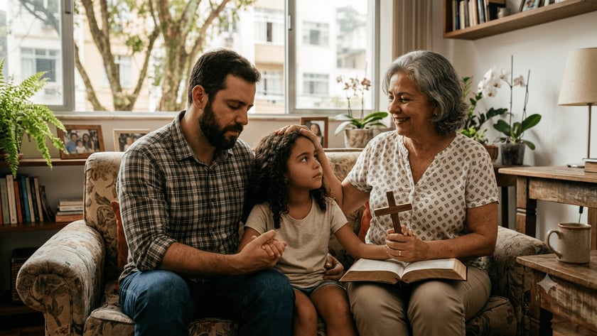 Homem, menina e idosa sentados no sofá, rezando juntos com uma cruz e uma Bíblia.
