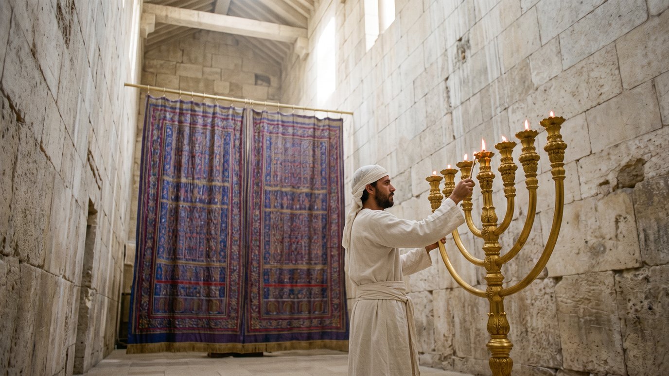 Homem de túnica branca acende as velas de um candelabro diante de uma cortina.