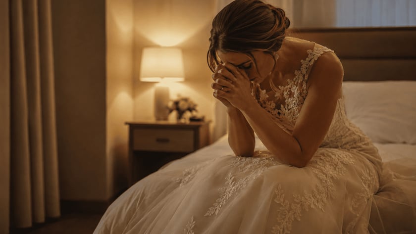 Noiva de vestido branco rendado sentada na cama, com o rosto coberto pelas mãos.