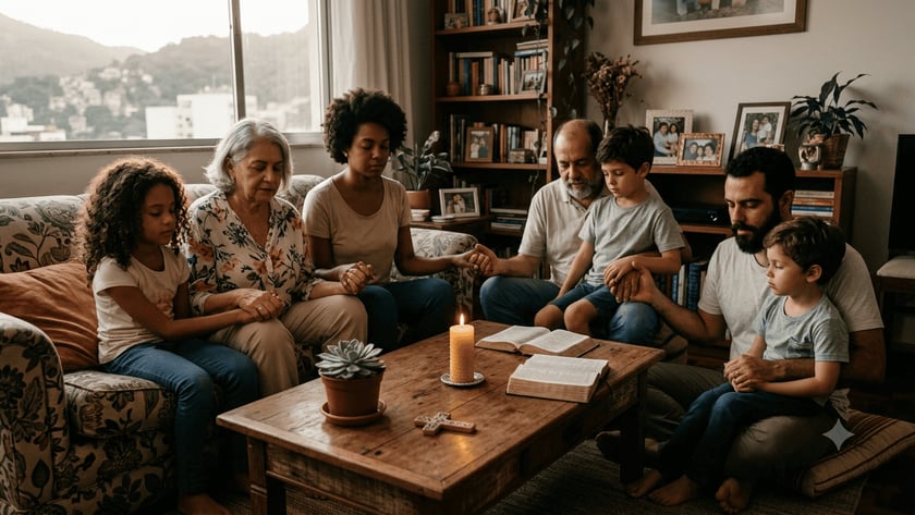 Família de mãos dadas e olhos fechados reza na sala, ao redor de mesa com Bíblias e vela.