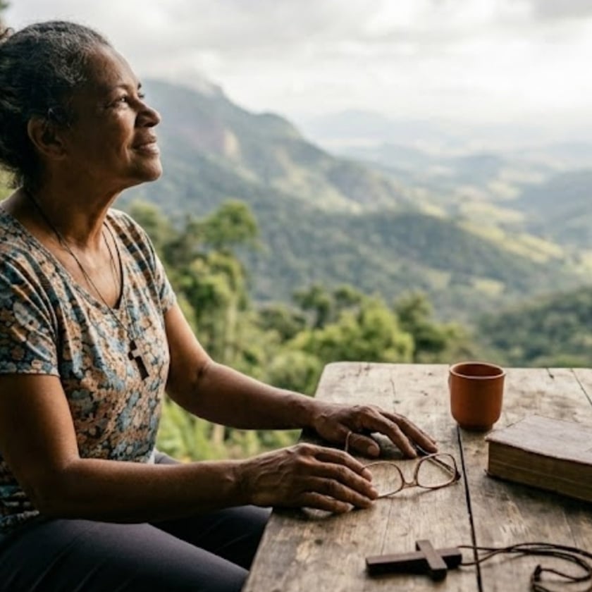 Mãos de uma pessoa sobre mesa de madeira com Bíblia, óculos, xícara e crucifixo