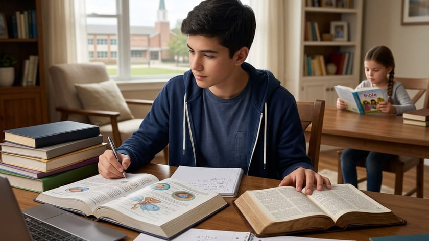 Adolescente estuda à mesa com livros e cadernos, enquanto uma criança lê um livro ao fundo.