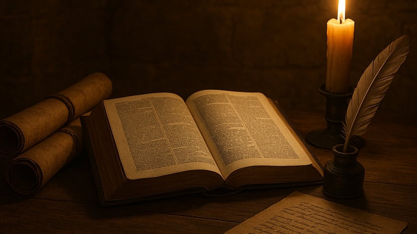 Livro aberto, pergaminhos enrolados, vela acesa, pena no tinteiro e folha manuscrita sobre mesa