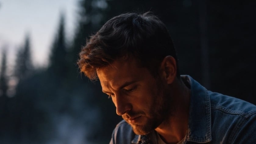 Homem de camisa jeans lê um livro ao lado de uma lanterna acesa, perto de um lago.