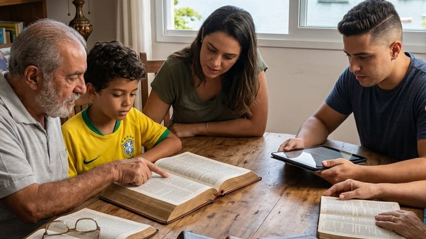 Família de várias idades lê Bíblias em volta de uma mesa de madeira, com baía ao fundo.
