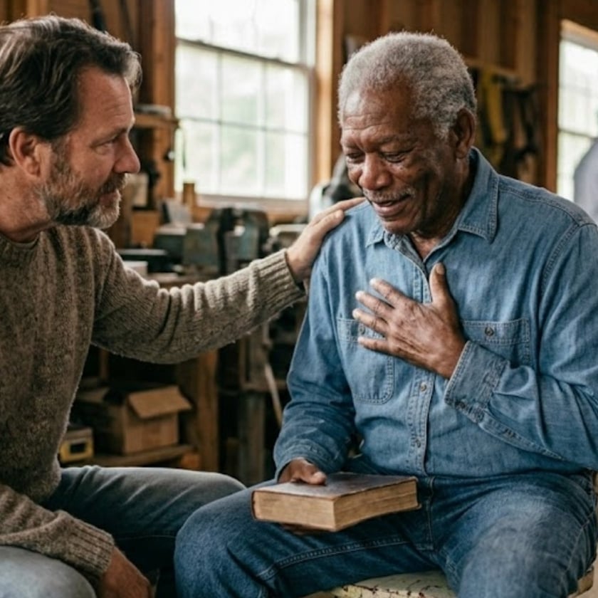 Homem idoso de camisa jeans segura um livro e a mão no peito, consolado por outro homem.